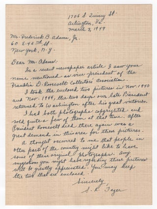 Two original photographs of President Franklin D. Roosevelt taken in Washington, D.C. after his electoral victories in November 1940 and 1944, with a 1949 presentation letter from the photographer to the recipient, a vice-president of the Franklin D. Roosevelt Collector's Association