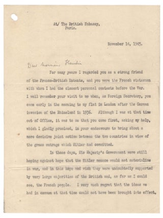"I do not expect it will make me very popular in France..." A 24 November 1945 typed letter signed from Winston S. Churchill to his friend and stalwart 1930s anti-appeasement ally Lady Ava Anderson, accompanied by, and referencing, a copy of his 14 November 1945 letter to former French Prime Minister Pierre Flandin, defending Flandin against charges of treasonous collaboration with Nazi Germany during the Second World War