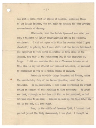 "I do not expect it will make me very popular in France..." A 24 November 1945 typed letter signed from Winston S. Churchill to his friend and stalwart 1930s anti-appeasement ally Lady Ava Anderson, accompanied by, and referencing, a copy of his 14 November 1945 letter to former French Prime Minister Pierre Flandin, defending Flandin against charges of treasonous collaboration with Nazi Germany during the Second World War
