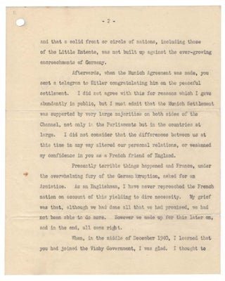 "I do not expect it will make me very popular in France..." A 24 November 1945 typed letter signed from Winston S. Churchill to his friend and stalwart 1930s anti-appeasement ally Lady Ava Anderson, accompanied by, and referencing, a copy of his 14 November 1945 letter to former French Prime Minister Pierre Flandin, defending Flandin against charges of treasonous collaboration with Nazi Germany during the Second World War