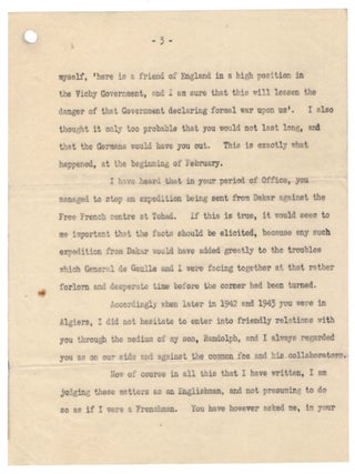 "I do not expect it will make me very popular in France..." A 24 November 1945 typed letter signed from Winston S. Churchill to his friend and stalwart 1930s anti-appeasement ally Lady Ava Anderson, accompanied by, and referencing, a copy of his 14 November 1945 letter to former French Prime Minister Pierre Flandin, defending Flandin against charges of treasonous collaboration with Nazi Germany during the Second World War