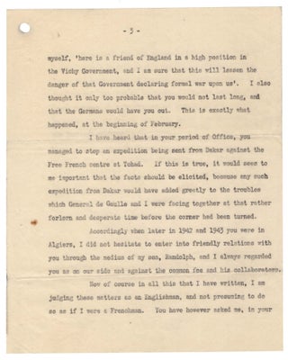 "I do not expect it will make me very popular in France..." A 24 November 1945 typed letter signed from Winston S. Churchill to his friend and stalwart 1930s anti-appeasement ally Lady Ava Anderson, accompanied by, and referencing, a copy of his 14 November 1945 letter to former French Prime Minister Pierre Flandin, defending Flandin against charges of treasonous collaboration with Nazi Germany during the Second World War