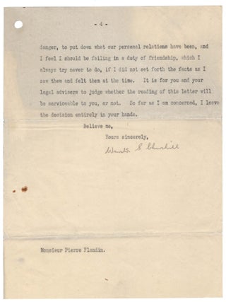 "I do not expect it will make me very popular in France..." A 24 November 1945 typed letter signed from Winston S. Churchill to his friend and stalwart 1930s anti-appeasement ally Lady Ava Anderson, accompanied by, and referencing, a copy of his 14 November 1945 letter to former French Prime Minister Pierre Flandin, defending Flandin against charges of treasonous collaboration with Nazi Germany during the Second World War