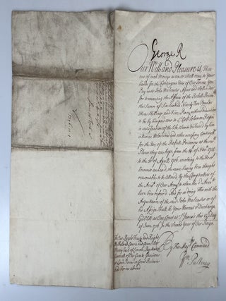 "...Nurses, Medicines and other necessary Contingencys for the use of the Rebell Prisoners..." - An original 15 June 1716 warrant signed by King George I during the first year of his reign authorizing reimbursement of funds spent for care of rebel prisoners captured during the Jacobite rebellion that challenged his enthronement
