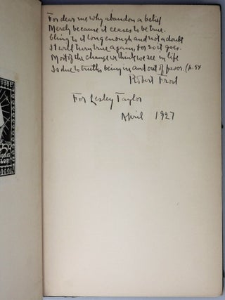 North of Boston, inscribed by in April 1927 Frost with six lines of strikingly relevant verse from his poem herein, "The Black Cottage"