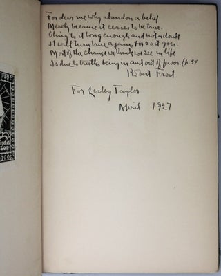 North of Boston, inscribed by in April 1927 Frost with six lines of strikingly relevant verse from his poem herein, "The Black Cottage"