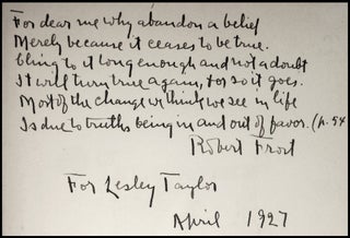North of Boston, inscribed by in April 1927 Frost with six lines of strikingly relevant verse from his poem herein, "The Black Cottage"