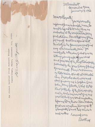 "I am a simple man, too simple to be more than an onlooker at the competition for my first editions." - A 13 January 1950 autograph letter signed from Robert Frost to an admirer and aspiring collector regarding the inaccessibility of his own first editions