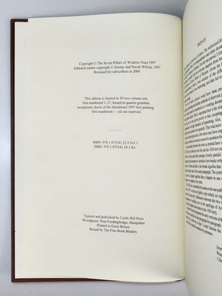 Seven Pillars of Wisdom, an out-of-series set of the limited parallel text edition featuring both the 1922 "Oxford" and 1926 "Subscribers" texts, in the publisher's quarter Morocco bindings and publisher's slipcase