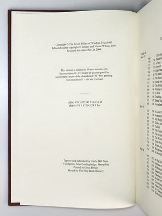Seven Pillars of Wisdom, an out-of-series set of the limited parallel text edition featuring both the 1922 "Oxford" and 1926 "Subscribers" texts, in the publisher's quarter Morocco bindings and publisher's slipcase
