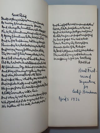 Come Christmas: A Selection of Christmas Poetry, Song, Drama and Prose, inscribed and signed in 1936 by Robert Frost to a famous Frost collector, and further inscribed and twice signed by the editor, Lesley Frost, Robert Frost's eldest daughter