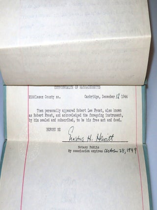 The original 12 December 1944 Quitclaim Deed, signed "Robert Lee Frost", giving his Shaftsbury, Vermont farm "The Gully" to his daughter-in-law and grandson after his son's suicide