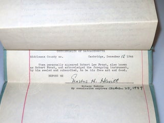 The original 12 December 1944 Quitclaim Deed, signed "Robert Lee Frost", giving his Shaftsbury, Vermont farm "The Gully" to his daughter-in-law and grandson after his son's suicide