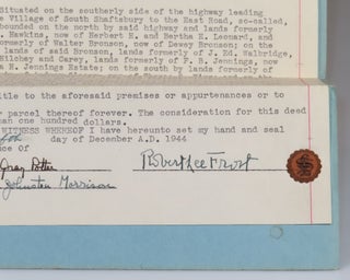 The original 12 December 1944 Quitclaim Deed, signed "Robert Lee Frost", giving his Shaftsbury, Vermont farm "The Gully" to his daughter-in-law and grandson after his son's suicide