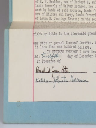 The original 12 December 1944 Quitclaim Deed, signed "Robert Lee Frost", giving his Shaftsbury, Vermont farm "The Gully" to his daughter-in-law and grandson after his son's suicide