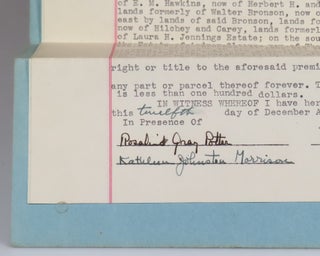 The original 12 December 1944 Quitclaim Deed, signed "Robert Lee Frost", giving his Shaftsbury, Vermont farm "The Gully" to his daughter-in-law and grandson after his son's suicide