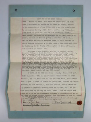 The original 12 December 1944 Quitclaim Deed, signed "Robert Lee Frost", giving his Shaftsbury, Vermont farm "The Gully" to his daughter-in-law and grandson after his son's suicide
