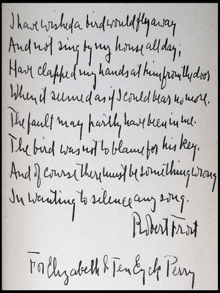 A Boy's Will, inscribed by Frost with a full, untitled manuscript evolving draft of the poem that would be published in 1928's A West-Running Brook as "A Minor Bird"