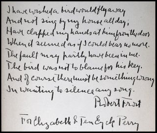 A Boy's Will, inscribed by Frost with a full, untitled manuscript evolving draft of the poem that would be published in 1928's A West-Running Brook as "A Minor Bird"