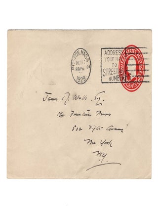 The Cow's in the Corn: A One-Act Irish Play in Rhyme, this copy a singular 20th century convocation of five literary associations, being copy #51 of 91 signed by Frost, also signed by the publishers James & Hilda Wells, accompanied by a 17 October 1929 autograph letter signed by Frost's friend and fellow poet Edward Arlington Robinson thanking Wells for the gift of a copy, and featuring the bookplate of the great bibliophile Frederick B. Adams with his notes on provenance