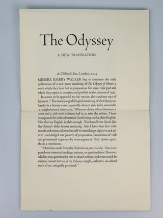 The Odyssey, a publisher's presentation copy, warmly inscribed by Emery Walker three months before his death as a birthday gift to the renowned musician and cultural figure Violet Gordon Woodhouse, accompanied by the original publisher’s prospectus, and housed in the original slipcase