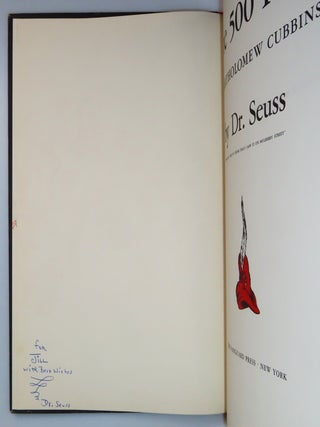 The 500 Hats of Bartholomew Cubbins, purchased and inscribed for a young mother in 1963 at a bookshop one mile from Dr. Seuss&rsquo;s La Jolla, California home