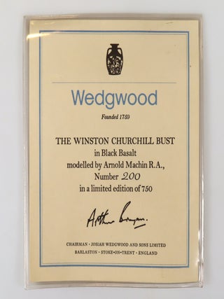 Centenary Bust of Sir Winston S. Churchill, Copy #200 of 750 produced for the centenary of Churchill's birth and featuring an excerpt from his first speech as Britain's wartime Prime Minister, still housed in the original Wedgwood box and accompanied by the original Wedgwood limitation certificate and brochure.