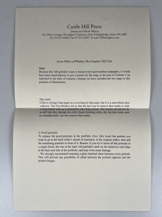 Seven Pillars of Wisdom: a Triumph, the complete 1922 'Oxford' text, the publisher's hand-numbered limited edition, one of 80 sets bound thus in full Morocco goatskin, accompanied by both the finely bound Illustrations and Introduction volume and the publisher's portfolio of proofs of the Seven Pillars portraits, all housed in the publisher's slipcase