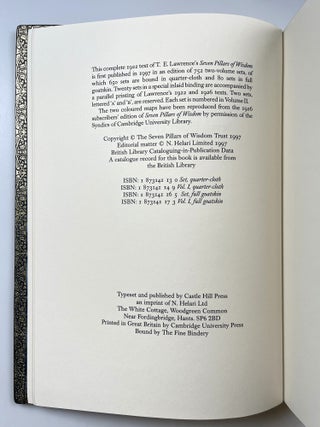 Seven Pillars of Wisdom: a Triumph, the complete 1922 'Oxford' text, the publisher's hand-numbered limited edition, one of 80 sets bound thus in full Morocco goatskin, accompanied by both the finely bound Illustrations and Introduction volume and the publisher's portfolio of proofs of the Seven Pillars portraits, all housed in the publisher's slipcase