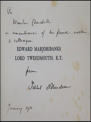 "To Winston Churchill in remembrance of his friend, uncle, & colleague..." - Edward Marjoribanks Lord Tweedmouth. K.T. 1849-1909: Notes and Recollections, warmly inscribed by the editor and compiler to Winston S. Churchill in 1910, and featuring the bookplates of Winston's only son and first official biographer, Randolph S. Churchill