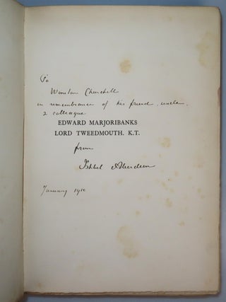 "To Winston Churchill in remembrance of his friend, uncle, & colleague..." - Edward Marjoribanks Lord Tweedmouth. K.T. 1849-1909: Notes and Recollections, warmly inscribed by the editor and compiler to Winston S. Churchill in 1910, and featuring the bookplates of Winston's only son and first official biographer, Randolph S. Churchill
