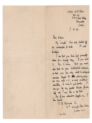 "...your free copy shall be distinguished somehow beyond the ordinary copies. We can write in it, or add or subtract something, to make it quite peculiar. I owe you the very greatest thanks for your help when I was low in the list." - A 7 September 1925 autograph letter signed by T. E. Lawrence "of Arabia" to John G. Wilson, "the most famous English bookseller of his time", a critical supporter of the legendary 1926 Subscriber's edition of Seven Pillars of Wisdom, and one of the select few to receive a complimentary copy from Lawrence