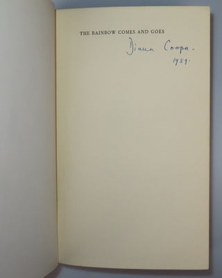 All three volumes of Lady Diana Cooper's memoirs, The Rainbow Comes and Goes, The Light of Common Day, and Trumpets from the Steep, each inscribed and signed by the author