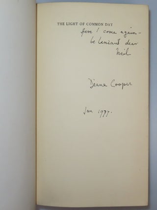 All three volumes of Lady Diana Cooper's memoirs, The Rainbow Comes and Goes, The Light of Common Day, and Trumpets from the Steep, each inscribed and signed by the author