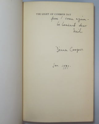 All three volumes of Lady Diana Cooper's memoirs, The Rainbow Comes and Goes, The Light of Common Day, and Trumpets from the Steep, each inscribed and signed by the author