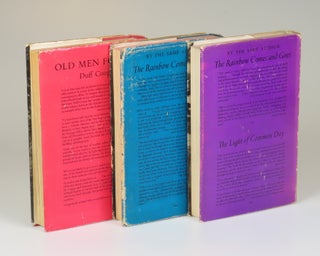 All three volumes of Lady Diana Cooper's memoirs, The Rainbow Comes and Goes, The Light of Common Day, and Trumpets from the Steep, each inscribed and signed by the author