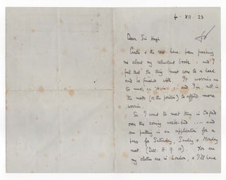 "my reluctant book... must come to a head and be finished with." - A 4 December 1923 autographed letter signed from T. E. Lawrence "of Arabia" to his friend and patron, "Father of the Royal Air Force" and then-Chief of the Air Staff Sir Hugh Trenchard, asking special permission for leave to attend to publication decisions about what would become the famous Subscriber's Edition of Lawrence's magnum opus, Seven Pillars of Wisdom