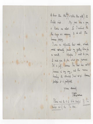 "my reluctant book... must come to a head and be finished with." - A 4 December 1923 autographed letter signed from T. E. Lawrence "of Arabia" to his friend and patron, "Father of the Royal Air Force" and then-Chief of the Air Staff Sir Hugh Trenchard, asking special permission for leave to attend to publication decisions about what would become the famous Subscriber's Edition of Lawrence's magnum opus, Seven Pillars of Wisdom
