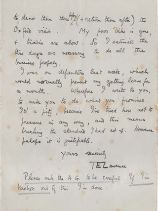 "my reluctant book... must come to a head and be finished with." - A 4 December 1923 autographed letter signed from T. E. Lawrence "of Arabia" to his friend and patron, "Father of the Royal Air Force" and then-Chief of the Air Staff Sir Hugh Trenchard, asking special permission for leave to attend to publication decisions about what would become the famous Subscriber's Edition of Lawrence's magnum opus, Seven Pillars of Wisdom