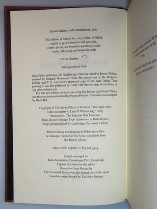 Seven Pillars of Wisdom: a triumph, the complete 1922 'Oxford' text, limited one-volume edition, hand-numbered copy #153, one of 180 issued thus in quarter Nigerian goatskin, including the publisher's slipcase upgrade and original purchase receipts