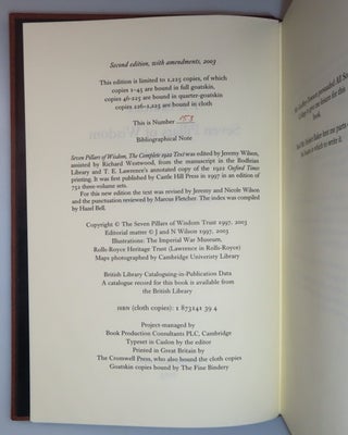 Seven Pillars of Wisdom: a triumph, the complete 1922 'Oxford' text, limited one-volume edition, hand-numbered copy #153, one of 180 issued thus in quarter Nigerian goatskin, including the publisher's slipcase upgrade and original purchase receipts