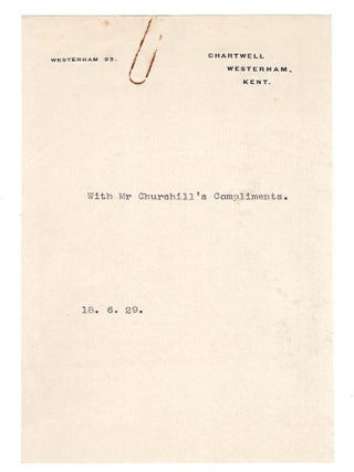 A photograph of Winston S. Churchill signed and dated on 1 June 1929, just two days after the election defeat that ended his long tenure as Chancellor of the Exchequer and began his decade-long "wilderness years"