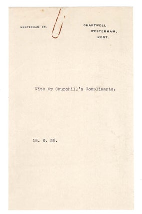 A photograph of Winston S. Churchill signed and dated on 1 June 1929, just two days after the election defeat that ended his long tenure as Chancellor of the Exchequer and began his decade-long "wilderness years"