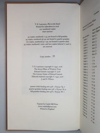 War in the Desert, the first and previously unpublished abridged text of Seven Pillars of Wisdom, one of 100 copies bound thus, this copy both numbered and signed by the editor