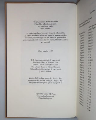War in the Desert, the first and previously unpublished abridged text of Seven Pillars of Wisdom, one of 100 copies bound thus, this copy both numbered and signed by the editor