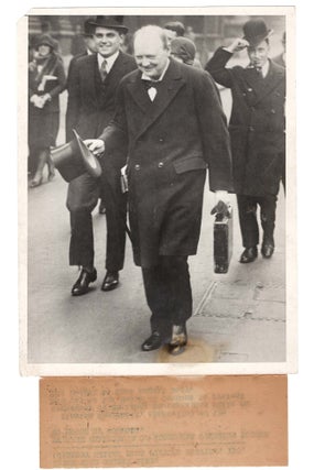 ENGLISH CHANCELLOR OF EXCHEQUER PRESENTS BUDGET TO HOUSE OF COMMONS - An original 24 May 1928 press photograph of Chancellor of the Exchequer Winston S. Churchill walking to the House of Commons to deliver his annual speech presenting the budget
