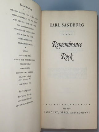Remembrance Rock, an author's presentation copy compellingly inscribed by Carl Sandburg in the year of publication to his close friend and fellow poet, Tom Ferril