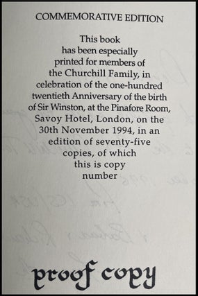 The Dream, a publisher's presentation "proof copy" of the seventy-five specially prepared for members of the Churchill family in celebration of the one-hundred twentieth anniversary of the birth of Sir Winston Churchill, inscribed by the editor and publisher, Richard Langworth, and his wife in 1996