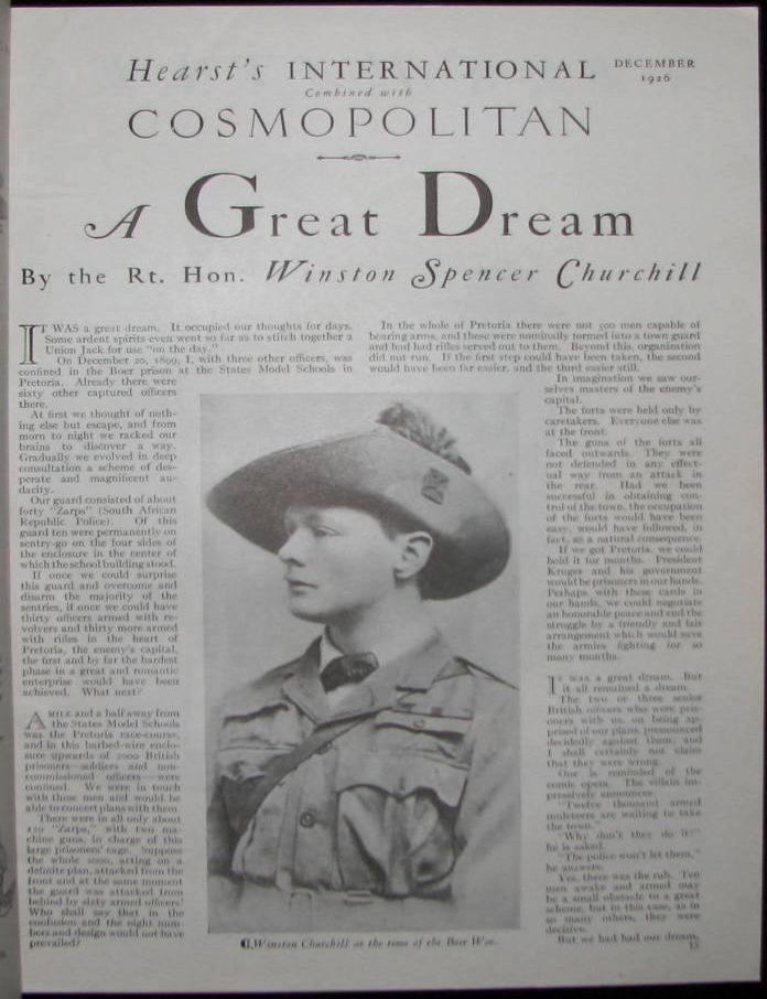 "A Great Dream" in Cosmopolitan, December 1926, an article about Churchill's...