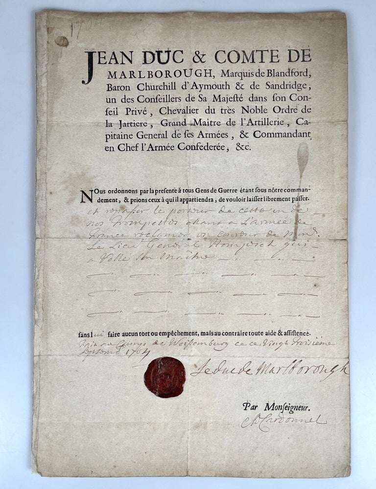 An original 23 September 1704 military pass, featuring the signature and red wax signet of John...
